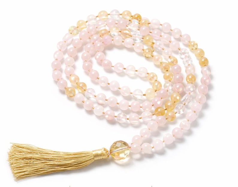 108 Mala Beads Necklace Rose Quartz Citrine, Meditation Mala Necklace, Knotted Yoga Prayer Beads with Tassel image 10