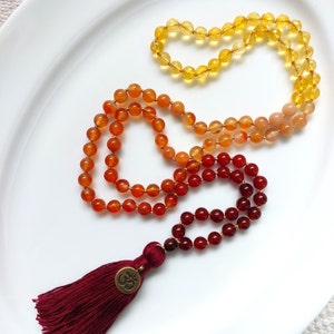 Ombre Citrine and Carnelian mala necklace, 108 beads meditation and Prayer beads, knotted Japa mala, Natural Healing crystal stones