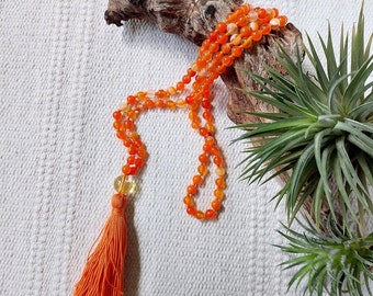 Red Orange mala beads 108, knotted meditation mala necklace, banded red agate, 6mm beads, Citrine Guru bead, Gift for her