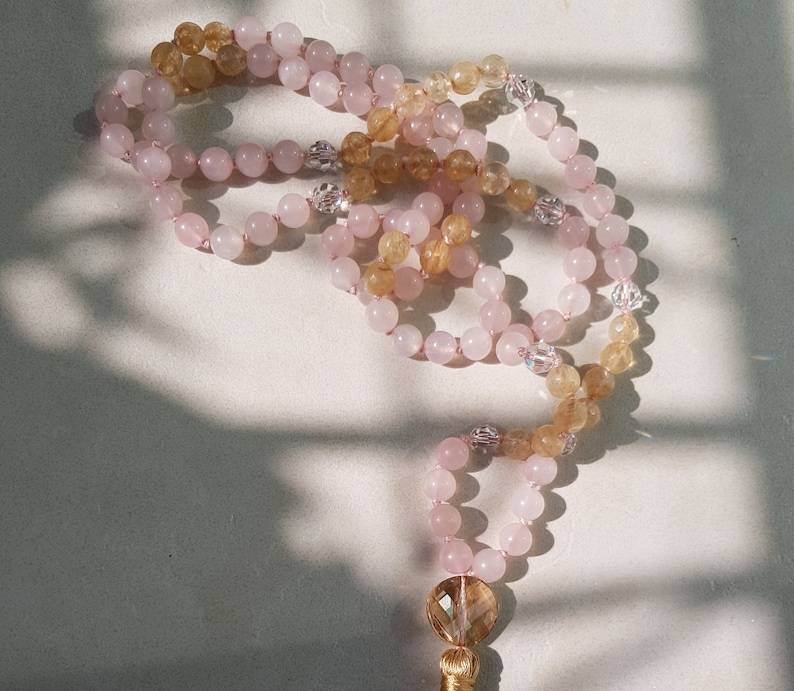 Citrine mala, Rose Quartz 108 beads mala necklace, Hand knotted Natural healing stones, 8mm beads Tassel necklace with Sparkling crystals image 7