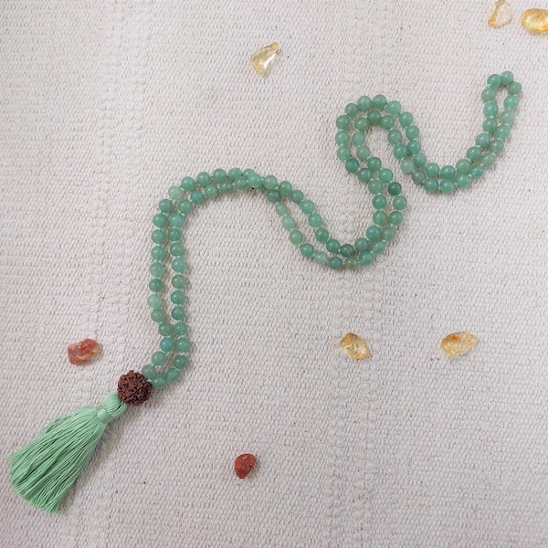 Green Aventurine knotted mala, 108 beads gemstone necklace, Meditation beads, Quartz and Rudraksha mala with lime green tassel, Yoga beads