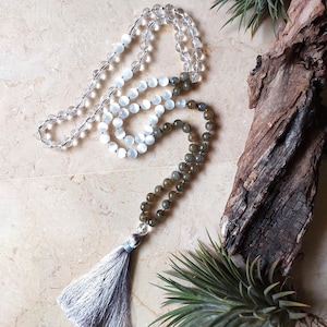 Labradorite 108 beads mala necklace, Selenite and Clear Quartz knotted yoga mala, Grey Ombre beaded necklace with tassel, Gift for Her