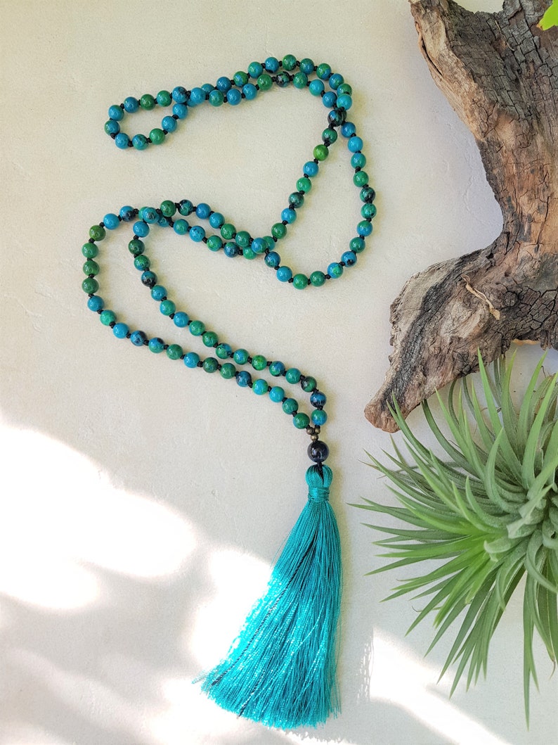 Chrysokoll Mala 108 Perlen handgeknüpfte Quastenkette, Blau Grün Steine Hindu Meditation und Yoga Mala, 6mm Perlen Mala Kette Bild 3