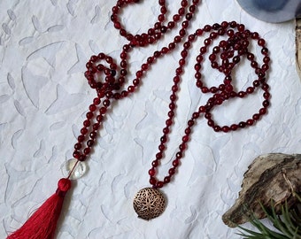 108 beads mala necklace, wine red 6mm jade beads , hand knotted tassel necklace for meditation, beaded necklace with brass locket