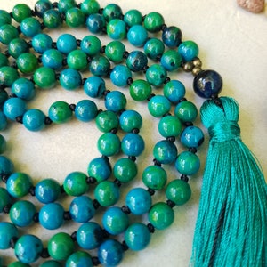 Chrysokoll Mala 108 Perlen handgeknüpfte Quastenkette, Blau Grün Steine Hindu Meditation und Yoga Mala, 6mm Perlen Mala Kette Bild 4