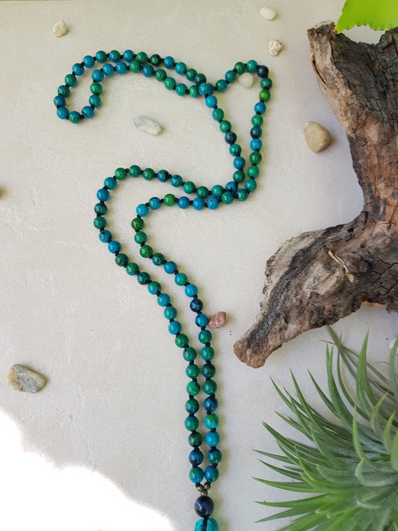 Chrysokoll Mala 108 Perlen handgeknüpfte Quastenkette, Blau Grün Steine Hindu Meditation und Yoga Mala, 6mm Perlen Mala Kette Bild 9