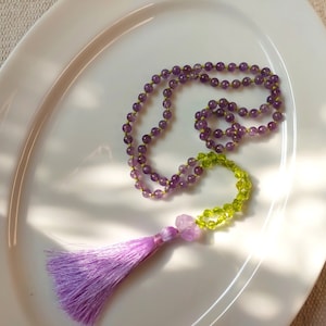 Peridot mala, Amethyst beaded necklace, hand-knotted meditation Japa mala with 108 beads, Mala with Tassel, Gift for mom
