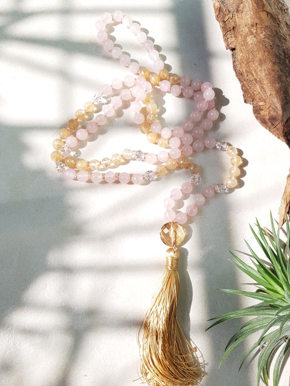 Citrine Mala, Rose Quartz 108 Beads Mala Necklace, Hand Knotted Natural  Healing Stones, 8mm Beads Tassel Necklace With Sparkling Crystals -   Canada