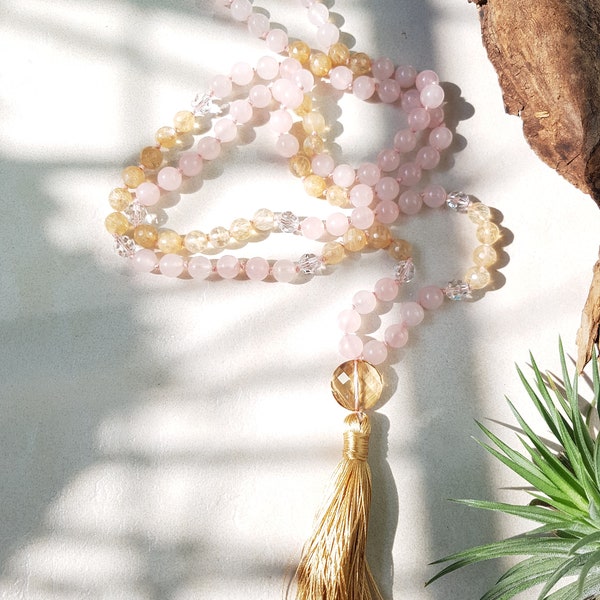 Citrine mala, Rose Quartz 108 beads mala necklace, Hand knotted Natural healing stones, 8mm beads Tassel necklace with Sparkling crystals