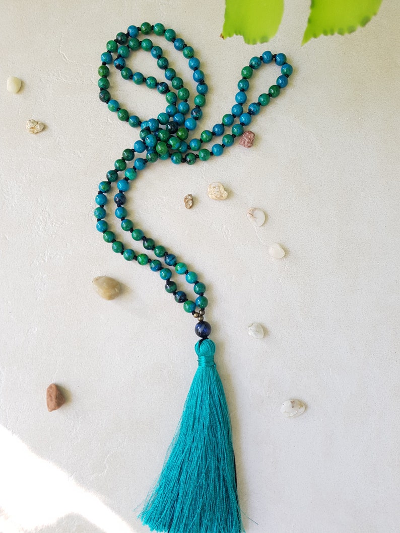 Chrysokoll Mala 108 Perlen handgeknüpfte Quastenkette, Blau Grün Steine Hindu Meditation und Yoga Mala, 6mm Perlen Mala Kette Bild 8
