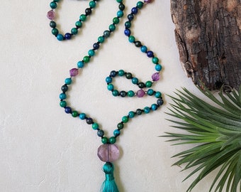 Mala 108 beads, Green Blue Chrysocolla Azurite and Amethyst stones, Meditation Japa mala, Tassel Necklace, Buddhist Prayer beads, 6 mm