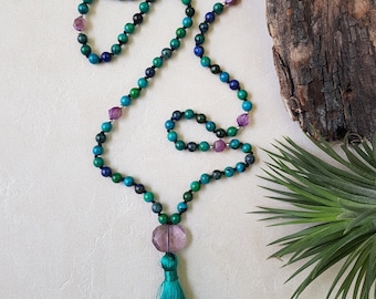 Mala 108 beads, Green Blue Chrysocolla Azurite and Amethyst stones, Meditation Japa mala, Tassel Necklace, Buddhist Prayer beads, 6 mm