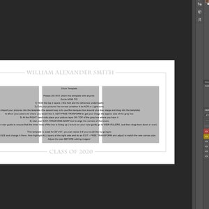 Pode incluir: Uma imagem em preto e branco com instruções sobre como usar um modelo de 3 caixas para um anúncio de formatura. O texto diz "William Alexander Smith, Classe de 2020, Modelo de 3 caixas, Por favor, NÃO COMPARTILHE este modelo com ninguém, COMO FAZER RÁPIDO!"