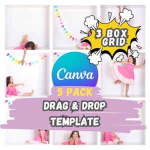May include: A Canva 5 pack drag and drop template for a 3 box grid photo collage. The template features a pink, white and blue colour scheme with a colourful banner and a white background.
