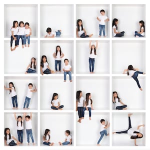 May include: A group of children pose in a white grid of squares. They are all wearing white shirts and blue jeans. Some are sitting, some are standing, and some are even doing a handstand.