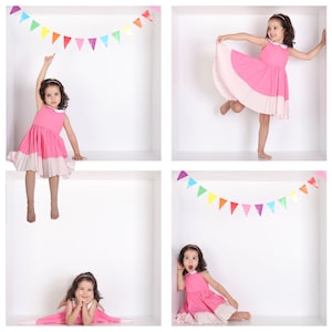 Puede incluir: Cuatro imágenes de una niña pequeña con un vestido rosa y blanco. La niña está en diferentes poses en cada imagen. El fondo es blanco con una guirnalda de banderas arcoíris.