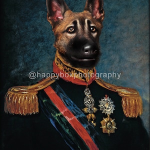 May include: A German Shepherd dog dressed in a military uniform with gold trim, a red sash, and a jeweled medal. The dog is looking directly at the viewer with a serious expression. The background is a dark blue.