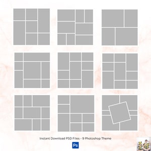 May include: Nine different collage templates for photos. Each template is a grey square with a grid of white rectangles for placing photos. The templates are arranged in three rows of three.