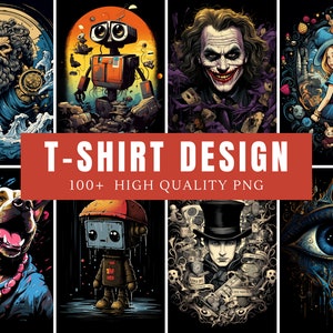 May include: A collection of 10 high-quality, colorful, digital illustrations for t-shirt designs. The designs feature a variety of characters and themes, including a robot, a joker, a dog, a creature from the black lagoon, and a mythical eye.