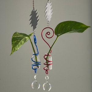 May include: Two hanging glass plant propagators. Each has a small glass vial wrapped in blue or red wire, holding a plant cutting. The vials hang from silver metal lightning bolt shapes and are adorned with crystal pendants.