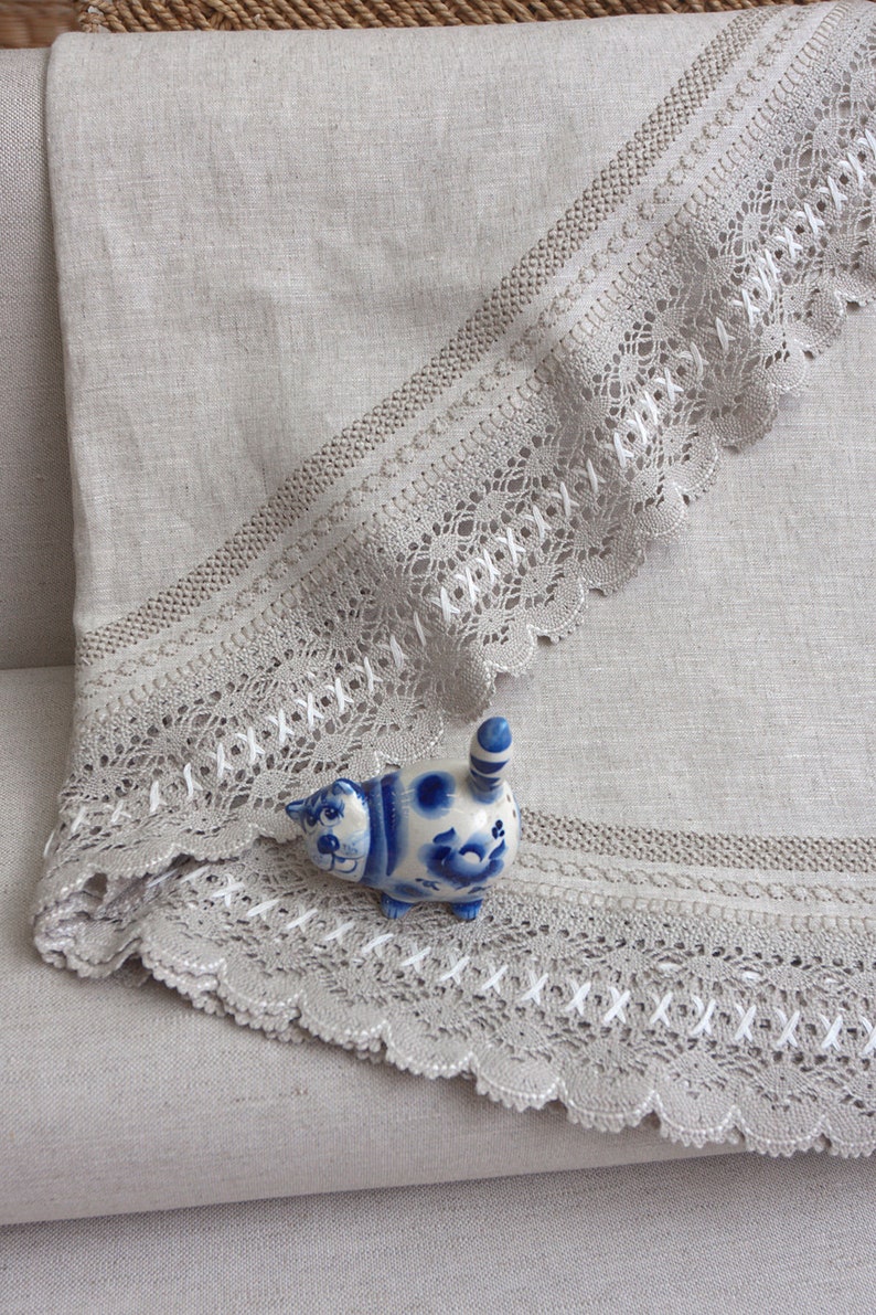 Extra large linen oval tablecloth with lace Etsy