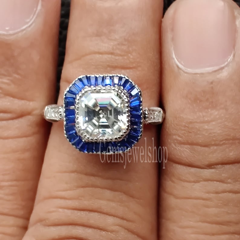 14k White Gold Moissanite Ring Asscher Cut 2.24 CT Colorless White Moissanite Engagement Ring Sapphire Halo Ring Promise Ring Gift For Her