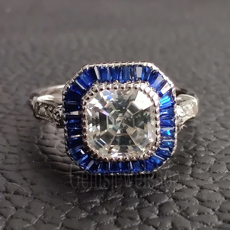 14k White Gold Moissanite Ring Asscher Cut 2.24 CT Colorless White Moissanite Engagement Ring Sapphire Halo Ring Promise Ring Gift For Her