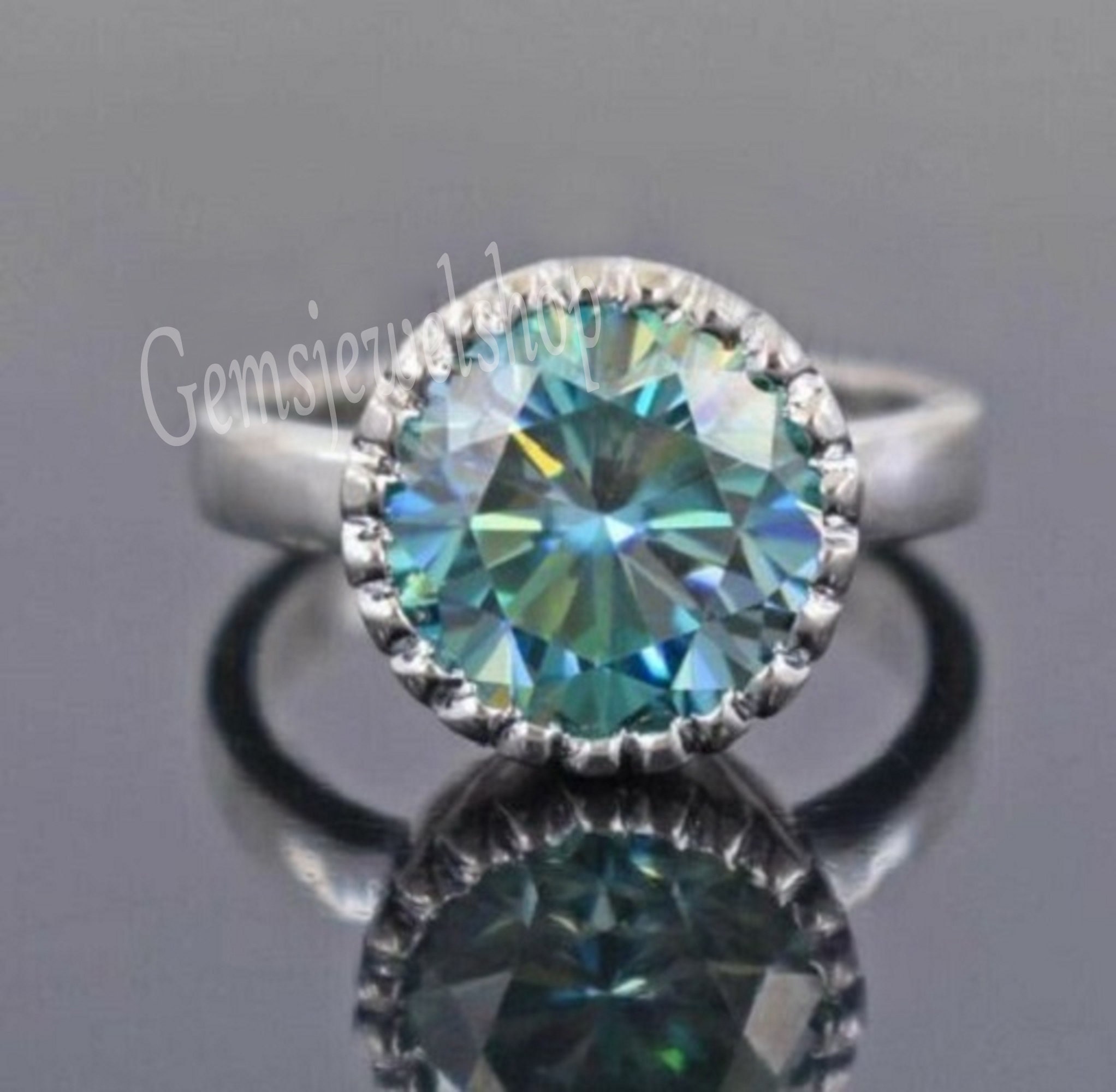 Blue Moissanite Engagement Ring Blue Moissanite Ring Round Cut Etsy