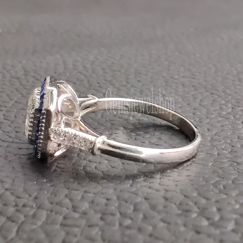 14k White Gold Moissanite Ring Asscher Cut 2.24 CT Colorless White Moissanite Engagement Ring Sapphire Halo Ring Promise Ring Gift For Her