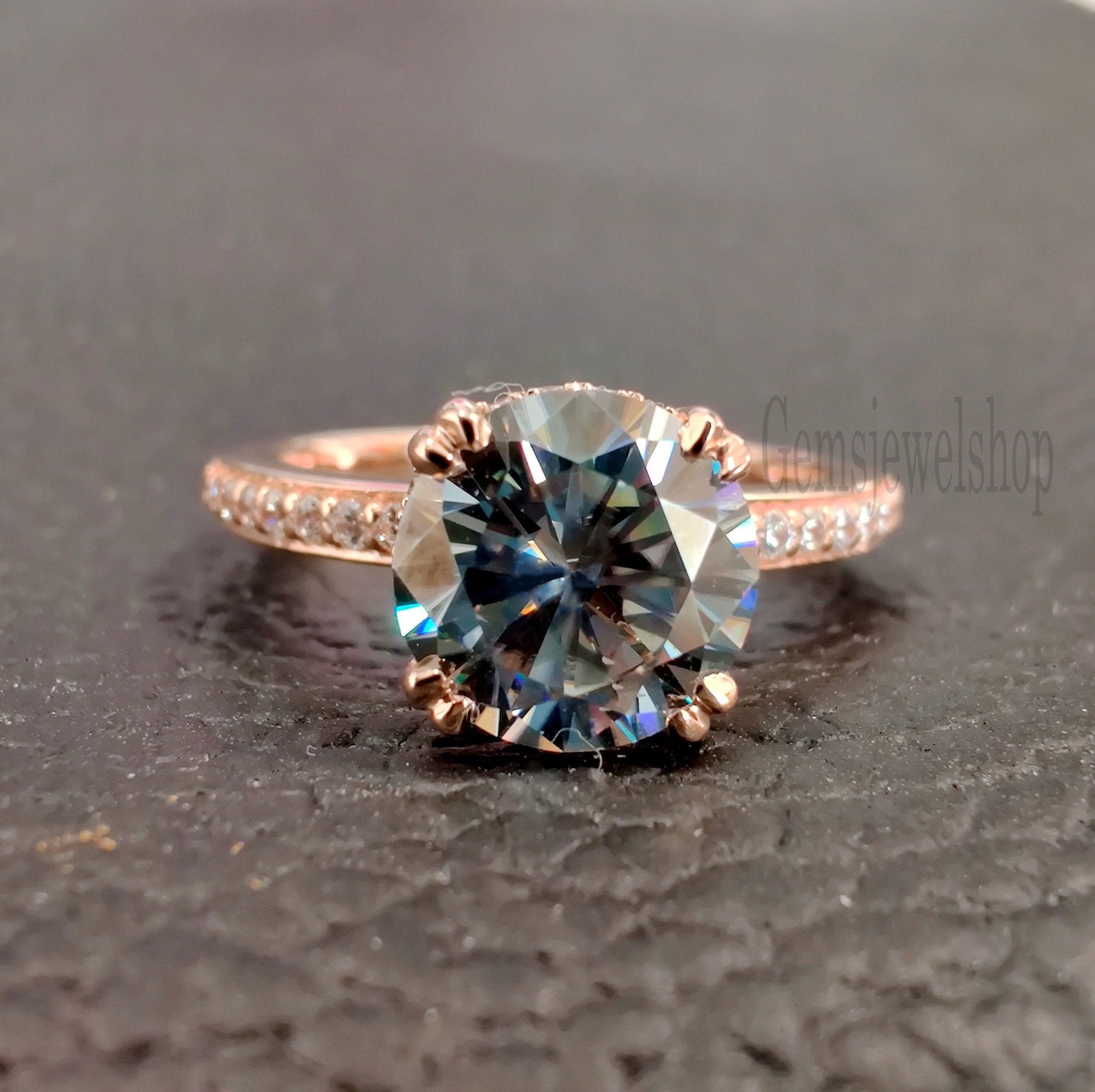 Gray Moissanite Ring 1.85 Ct Dark Grey Round Moissanite Etsy