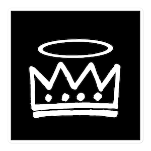 May include: A white crown with a halo above it on a black background.