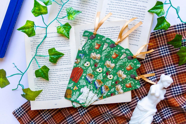 dark academia bookmark with satin ribbon aesthetic ribbon