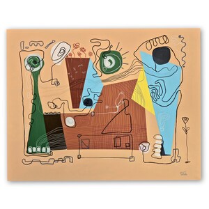 May include: Abstract painting on a beige background. The artwork features geometric shapes and organic forms in brown, blue, yellow, and green, outlined with black lines. The composition includes floral elements and a sun-like shape.