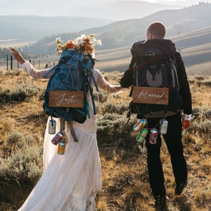 Backpack Signs Just Married Backpack Sign For Mountain Wedding Decorations For Elopement Just Married Sign For Mountain Themed Wedding Decor