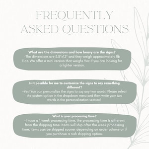 May include: A graphic with the text "FREQUENTLY ASKED QUESTIONS" and three question-and-answer sections. The first section discusses dimensions (14cm x 30cm) and weight (500g). The second explains customization options. The third addresses processing time.