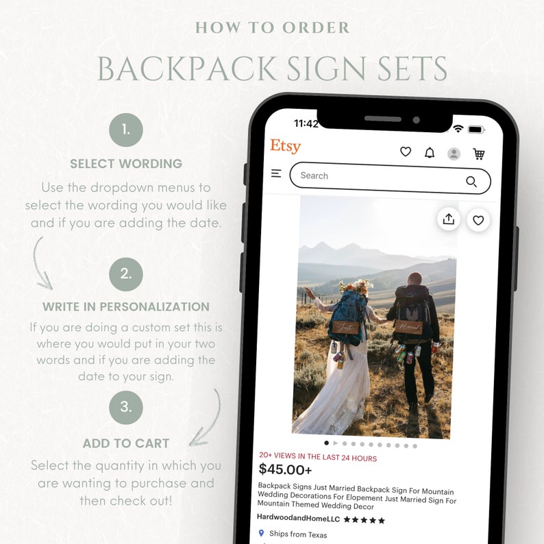 May include: A mobile phone screen shows an Etsy listing for backpack signs. The image on the phone shows a couple with backpacks, each with a sign. The text on the phone screen reads "Backpack Signs Just Married Backpack Sign For Mountain Wedding Decorations". Instructions on how to order are also visible.