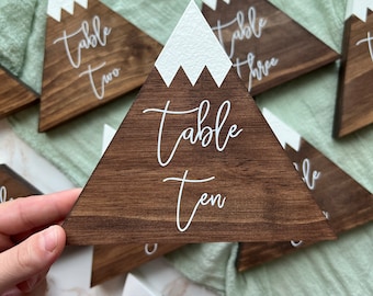 May include: Wooden table number signs shaped like mountains with a white snowy peak. The signs are numbered from two to ten. The sign in the image is for table ten.