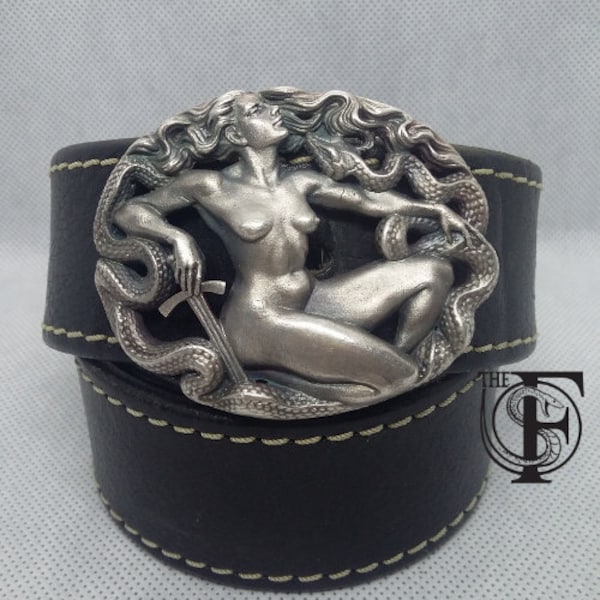 Belt Buckle - Silver Belt Buckle - Sterling Silver Belt Buckle - Snake Belt Buckle - Nude Lady with Snake - Nude Woman Buckle - Woman Snake