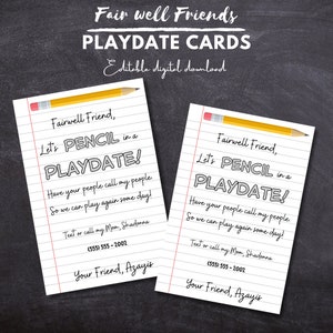 Bearbeitbare Fair Well Play Date Karten - Play Mate Karten - Auf Wiedersehen Karten - Kontaktkarten - In Kontakt bleiben Karten für Kinder - Sofortiger Download
