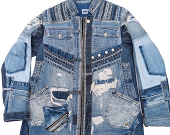 Upcycled Denim Patchwork Jacket: Handmade Long Jean Coat
