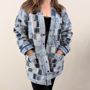 Reversible Patchwork Denim Jacket: Upcycled Oversized Jean Coat (M/L)