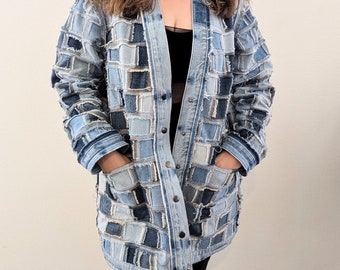Reversible Patchwork Denim Jacket: Upcycled Oversized Jean Coat (M/L)