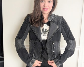 Upcycled Denim Biker Jacket: Handmade Gray Patchwork, Removable Hood