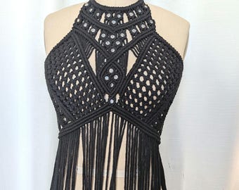 Midnight Black Macramé Gown – Edgy Festival Fringe Dress – Werw’s Design