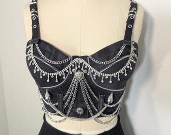 Upcycled Black Denim Corset: Levi's Chains & Rhinestone Accents