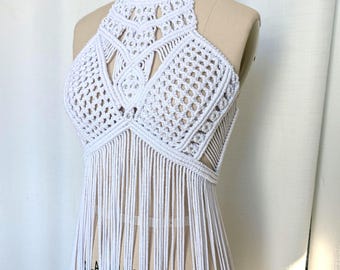Handmade White Macramé Goddess Dress,  Adjustable Boho Bridal & Festival Dress – Werw’s Design