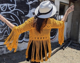 Handmade Macrame Fringe Jacket: Mustard Yellow Cotton Boho Hippie Style