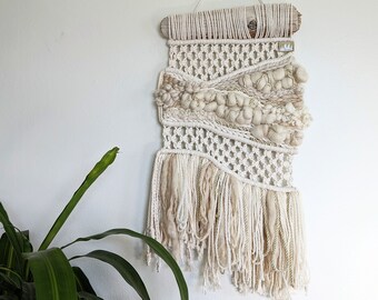 Small Macrame Wall Hanging: Woven Cotton & Wool Art on Driftwood