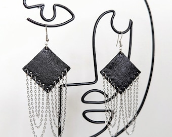 Upcycled Leather Dangle Earrings: Hand-Cut Black Diamond with Stainless Steel Chain
