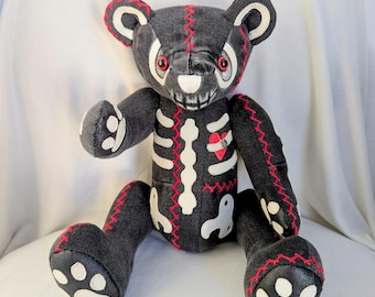 Handmade Skeleton Teddy Bear: Upcycled Denim & Leather Stuffed Animal